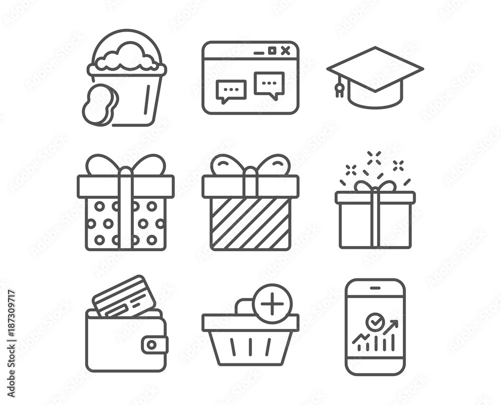 Set of Add purchase, Browser window and Special offer icons. Gift box,  Surprise and Sponge signs. Debit card, Graduation cap and Smartphone  statistics symbols. Shopping order. Website chat. Vector Stock Vector