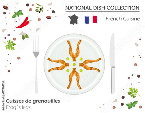 French Cuisine. European national dish collection. Frog`s legs isolated on white, infographic