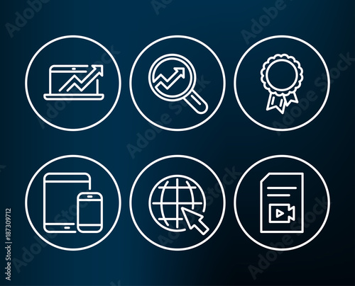 Set of Mobile devices, Internet and Success icons. Analytics, Sales diagram and Video file signs. Smartphone with tablet, World web, Award reward. Audit analysis, Sale growth chart, Vlog page. Vector