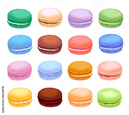 Different types of macaroons. Set of different taste cake macarons. Realistic style.
