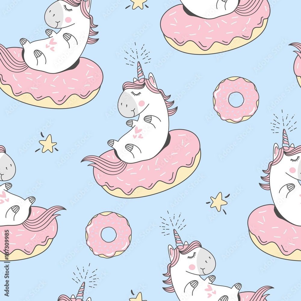 Vector seamless pattern with cute cartoon unicorn and donuts Vector seamless pattern with cute cartoon unicorn and donuts