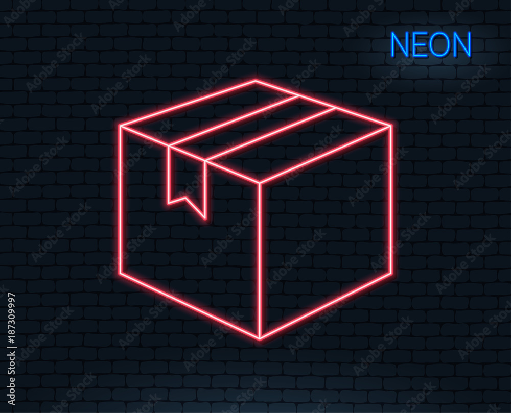 Neon light. Shipping box line icon. Logistics delivery sign. Parcels  tracking symbol. Glowing graphic design. Brick wall. Vector Stock Vector |  Adobe Stock