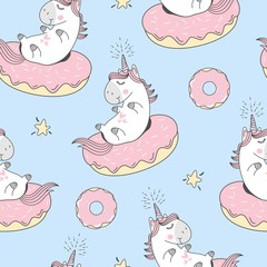 Fototapete Einhornmuster Cartoon Einhorn mit Donuts Muster  © Daria