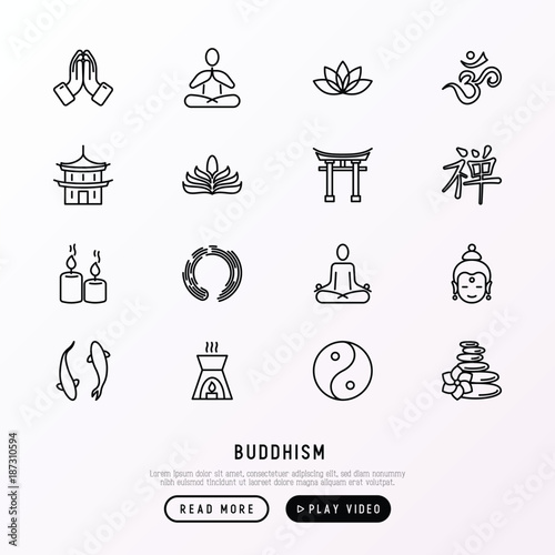 Buddhism thin line icons set: yoga, meditation, Buddha, Yin-Yang, candles, Aum letterm aromatherapy, pagoda, temple. Modern vector illustration.