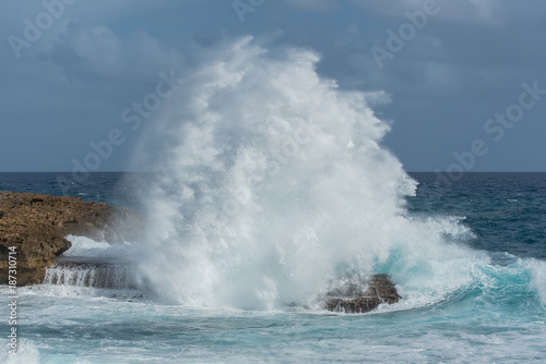 Big wave crashing in Guadeloupe, windy sea 