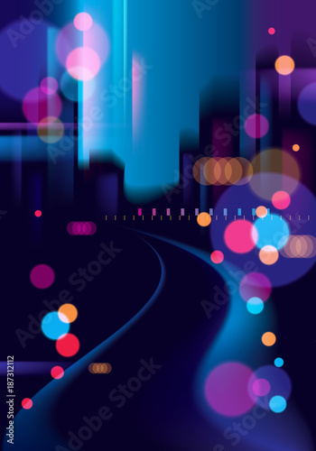 Night city with blurred lights bokeh texture vector illustration. Effect vector beautiful background. Blur colorful dark background with cityscape, buildings silhouettes skyline.