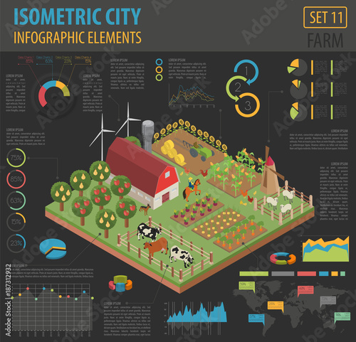 Flat 3d isometric farm land and city map constructor elements isolated on white. Build your own infographic collection