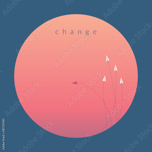 Minimalist stile red airplane changing direction and white ones. New idea, change, trend, courage, creative solution,business,