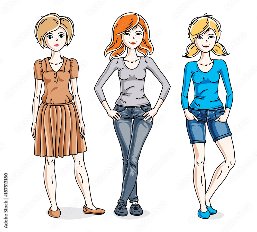 Happy young women group standing wearing casual clothes. Vector diversity people illustrations set. Happy young women group standing wearing casual clothes. Vector diversity people illustrations set.