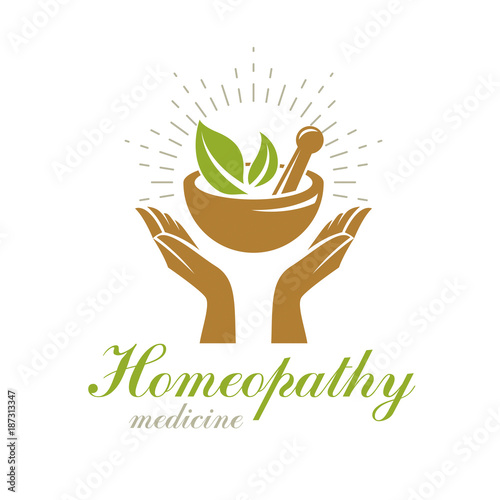 Caring hands holding mortar and pestle. Phytotherapy metaphor, vector graphic emblem can be used in medical treatment organizations.