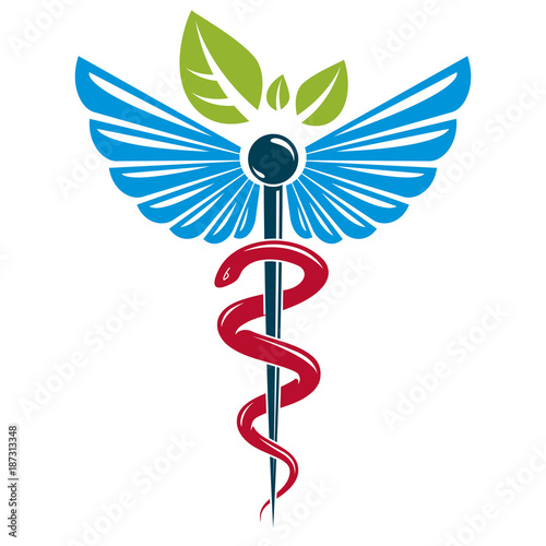 Caduceus symbol composed with poisonous snakes and bird wings, healthcare conceptual vector illustration. Alternative medicine theme.