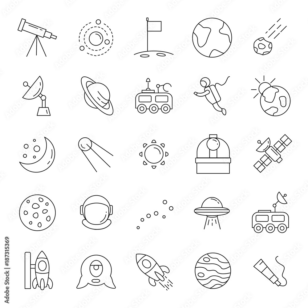 Space line icons vector set. Collection of space objects with astrunaut ...