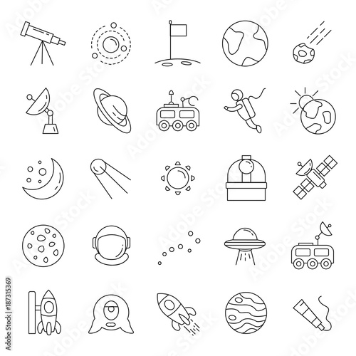 Fototapeta Naklejka Na Ścianę i Meble -  Space line icons vector set. Collection of space objects with astrunaut, planet and moon isolated on white background.