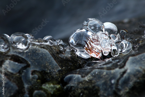 Natural, clear ice on stone at Loimijoki river, Forssa, Finland.  photo