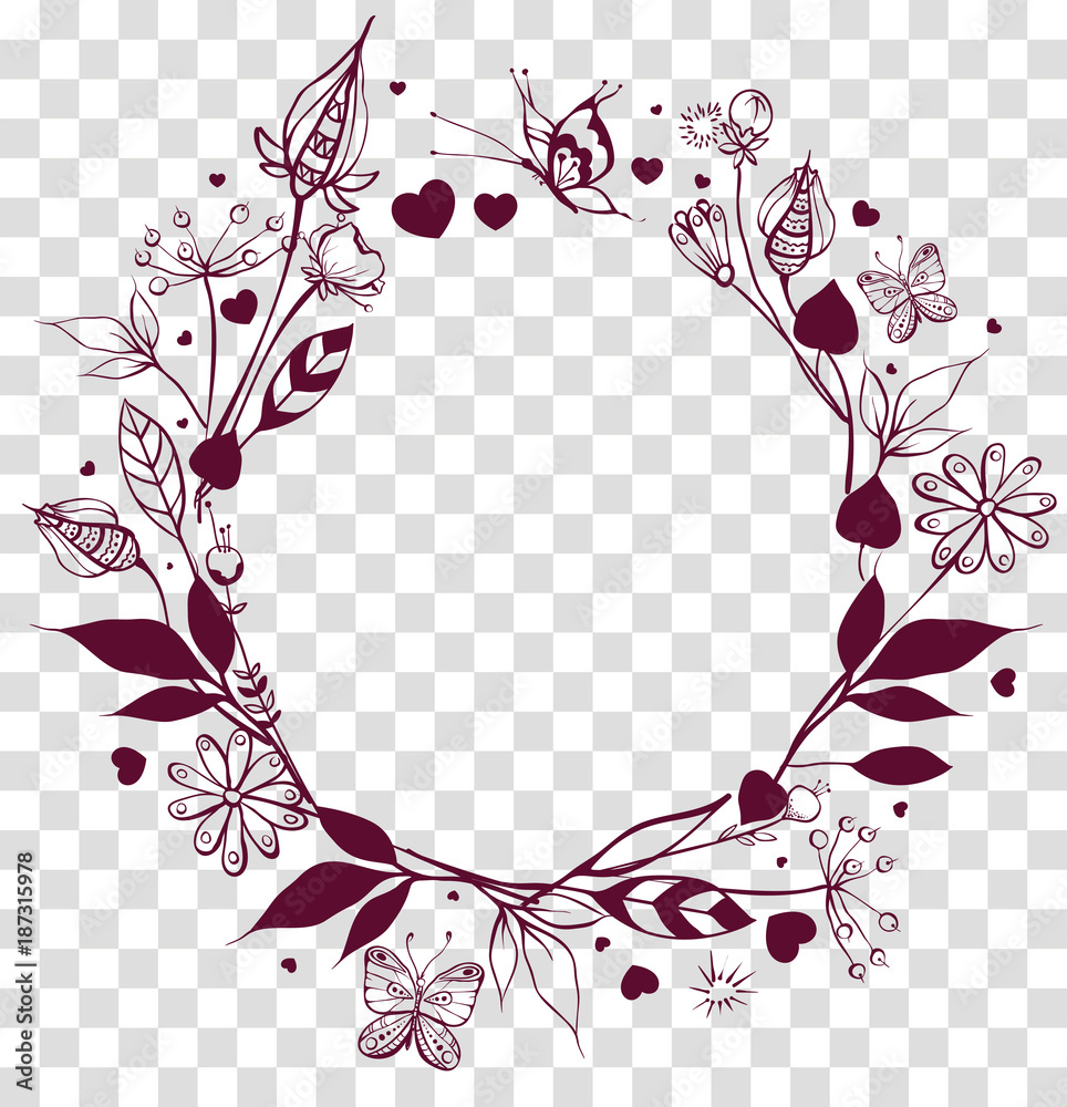 Round frame floral ornament on transparent background. Flowers and ...