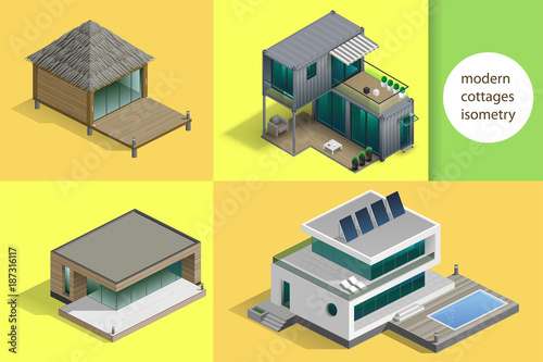 Set of modern cottages and houses in isometric schemes. Vector graphics