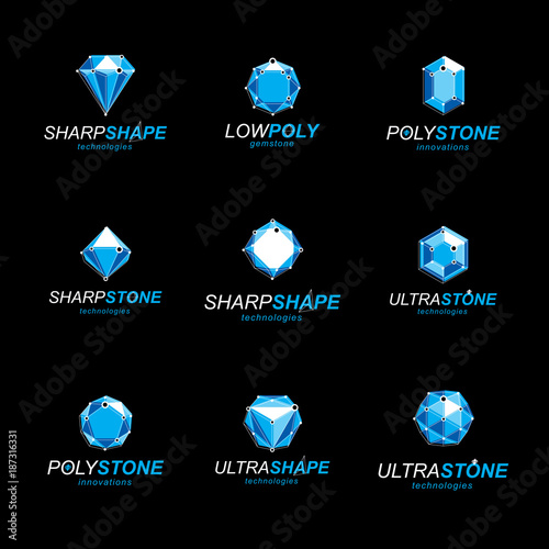 Set of abstract 3d faceted figures with connected lines. Vector low poly design elements collection. Set of brilliant jewelry signs for use in advertisement design concept.