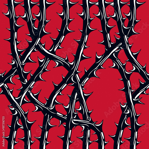 Horror art style seamless pattern, vector background. Blackthorn branches with thorns stylish endless illustration. Hard Rock and Heavy metal subculture music textile fashion stylish design.