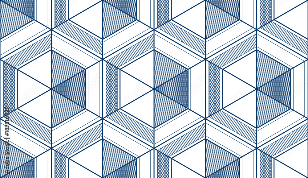 Geometric 3d lines abstract seamless pattern, vector background. Technology style engineering line drawing endless illustration. Single color, black and white. Geometric 3d lines abstract seamless pattern, vector background. Technology style engineering line drawing endless illustration. Single color, black and white.
