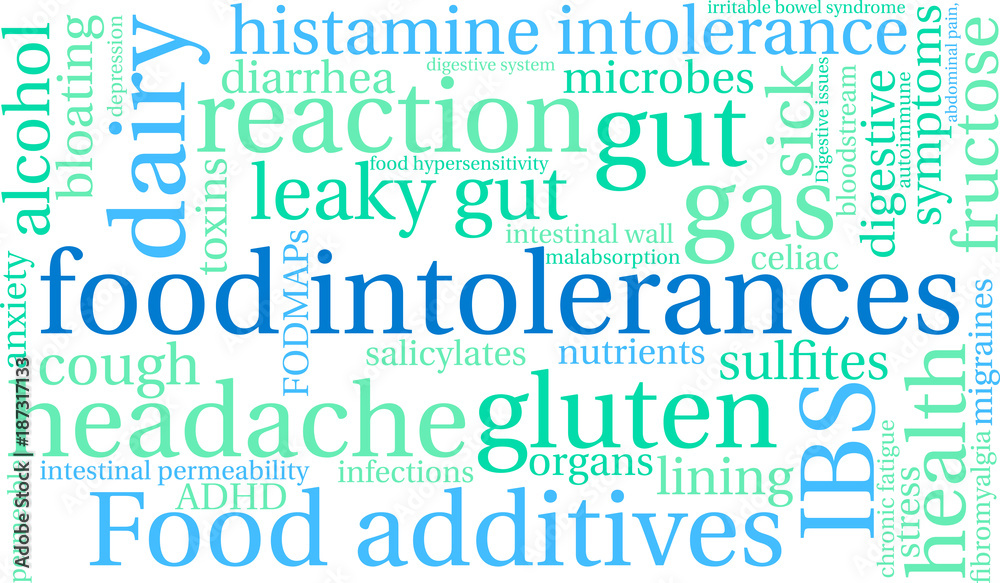 Food Intolerances Word Cloud on a white background. Food Intolerances Word Cloud on a white background.