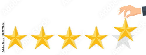 Customer rating, feedback, star rating, quality work. Businessman holding a gold star in hand, to give five. Evaluation system. Positive review. Flat vector illustration