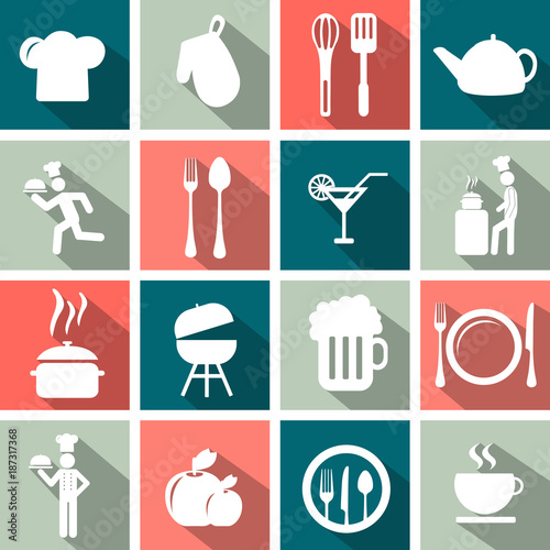 Cooking and kitchen icon set with long shadow. Flat vector illustration