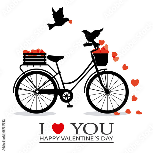 valentines card. Birds in love on top of a bicycle