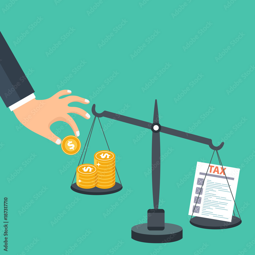 Tax burden concept. Money balancing with tax on scales. Flat vector