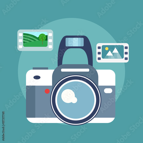 Photography concept. Camera and photos. Flat vector illustration.