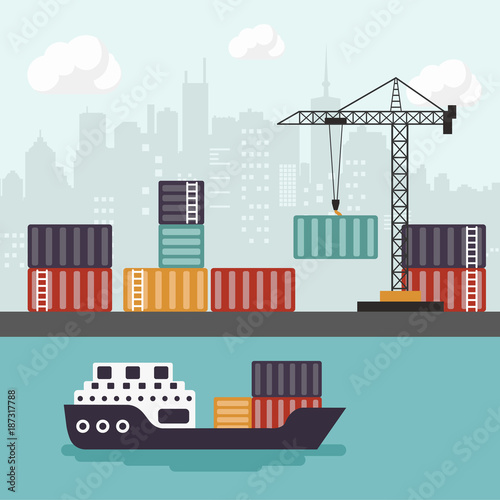 Container ship at freight port terminal Unloading. Merchant Marine. Flat vector illustration