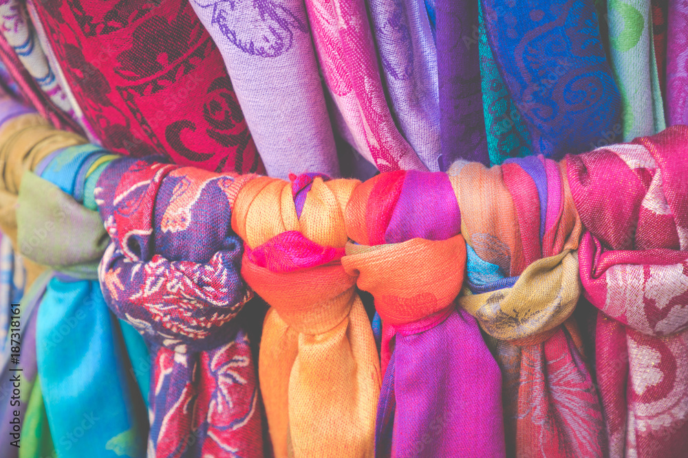 Colored scarves. Souvenir shop in Malaga.