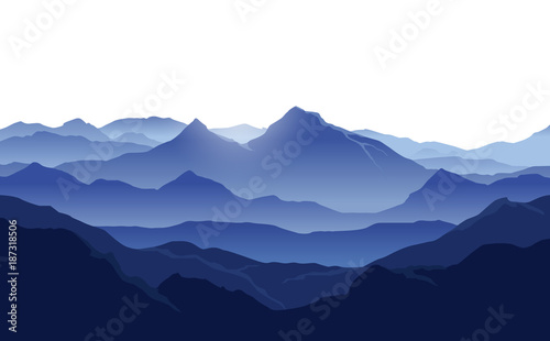 Vector landscape with blue silhouettes of mountains with mist and white sky as background