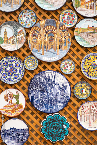 Ceramics plates at local souvenir shop in Cordoba, Andalusia, Spain.