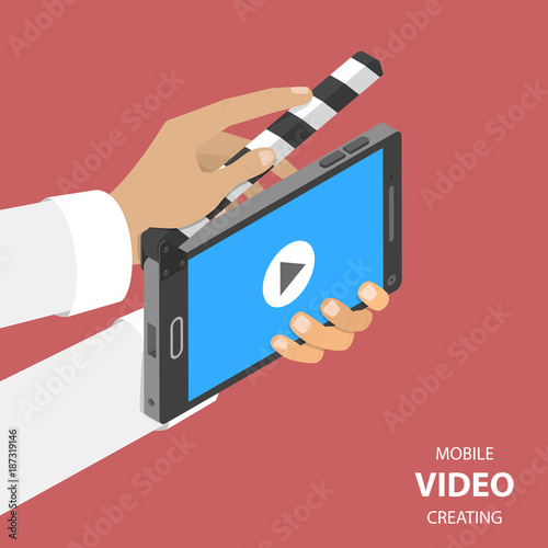 Mobile video creating flat isometric vector concept. Smartphone that looks like a clapperboard is used for shooting some scene.