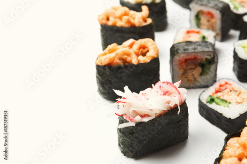 Gunkan, sushi, maki and rolls isolated closeup
