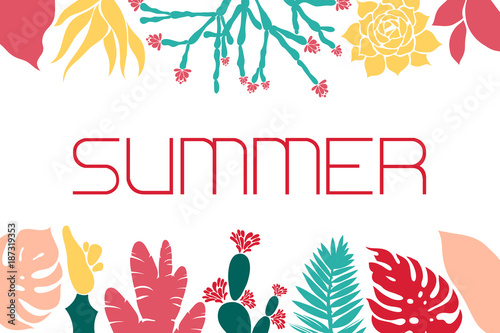 Card, invitation, banner with cacti, succulents and tropical leaves. Mammilia, prickly pear, haworthia, hathira, aloe, palm, monstera, hibiscus. Vector illustration.