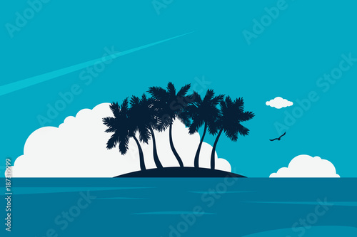 Ocean expanse with island and palm trees. Blue water and sky with white clouds. Vector illustration. Tropical beach. Flat design. Vector illustration.