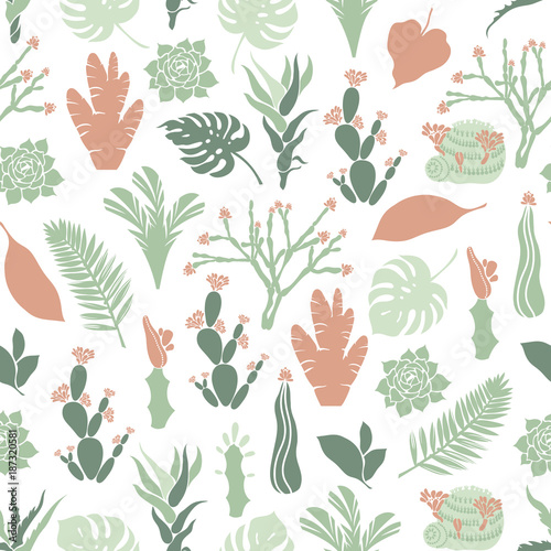 Seamless pattern with cacti, succulents and tropical leaves. Mammilia, prickly pear, haworthia, hathira, aloe, palm, monstera, hibiscus. Vector illustration.