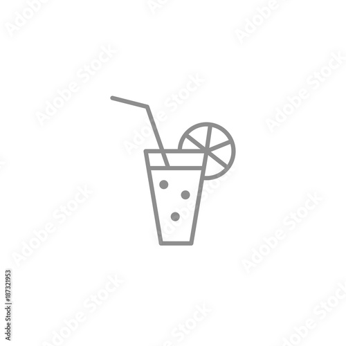 Thin line icon of glass drink with bubbles and straw. Alcohol and fresh beverages symbol. Vector illustration.