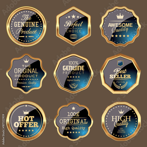 Set of golden and blue badges