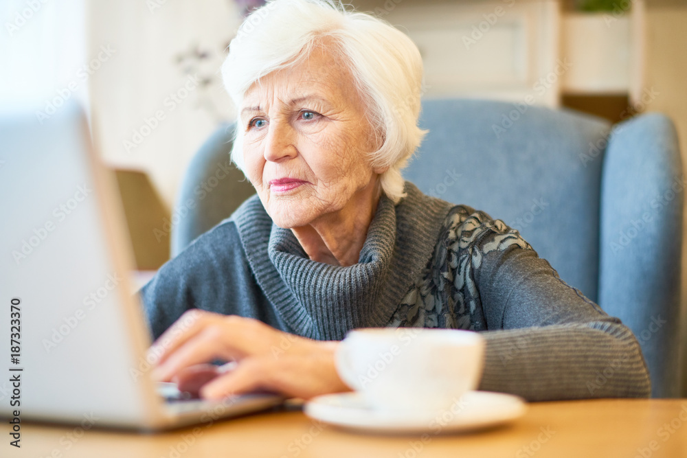 Confident senior manager sitting at table of cozy small coffeehouse and working on financial accounts with help of laptop, portrait shot Confident senior manager sitting at table of cozy small coffeehouse and working on financial accounts with help of laptop, portrait shot
