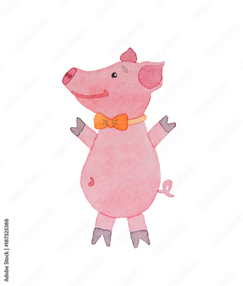 Fototapeta premium Happy piggy with bow-tie drawn watercolor on a white background