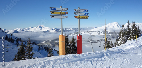 Signs on the ski slopes above Avoriaz in the French Alps