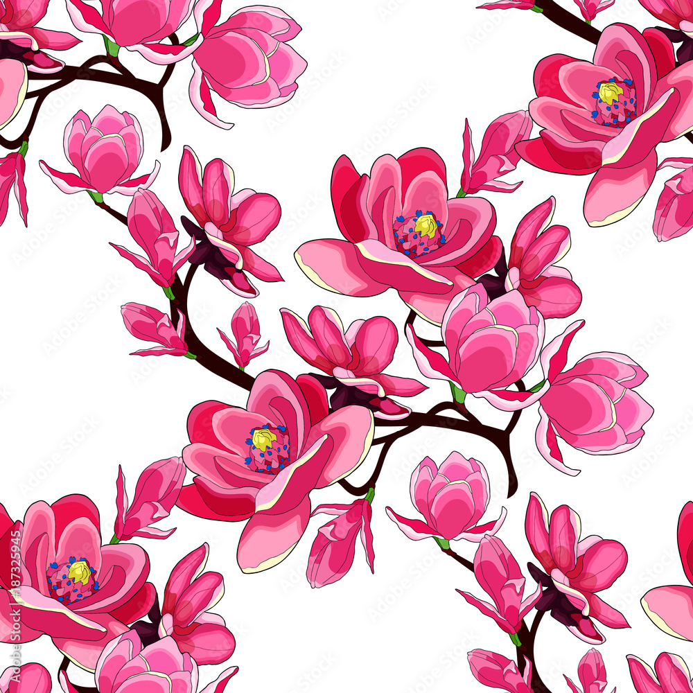 seamless pattern branch magnolia flower red   illustration