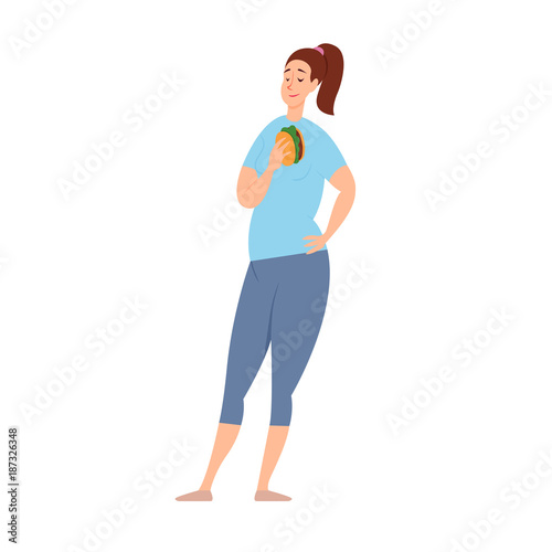 Fat satisfied woman with hamburger or sandwich. Body shape before diet