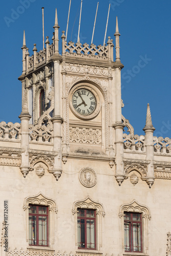 the Neo Manueline style facade of Rossio Railway Station in central Lisbon, Portugal photo