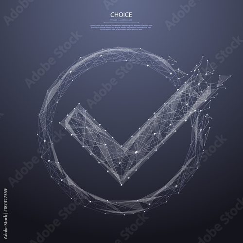 Polygonal check mark low poly wireframe. Business concept. Vector mesh spheres from flying debris. Thin line choice concept. Blue structure style illustration