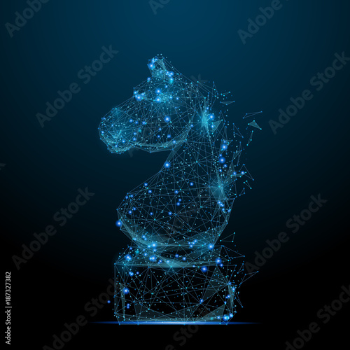 Abstract image of CHESS horse in the form of a starry sky or space, consisting of points, lines, and shapes in the form of planets, stars and the universe. Vector strategy concept. RGB Color mode