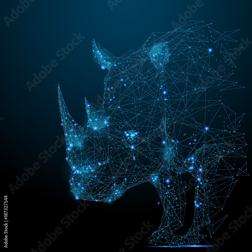 Abstract image of rhinoceros in the form of a starry sky or space, consisting of points, lines, and shapes in the form of planets, stars and the universe. Vector rhino. RGB Color mode