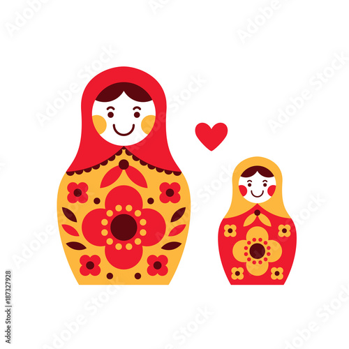Matryoshka russian nesting dolls, two sizes with heart. Mother and daughter. Parenthood concept